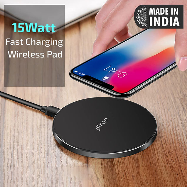pTron Bullet Wireless WX21 15W Fast Charging Pad with 3A Type-C 1.2 Meter Cable, Compatible with Wireless Charging Enabled Smartphones (Black)