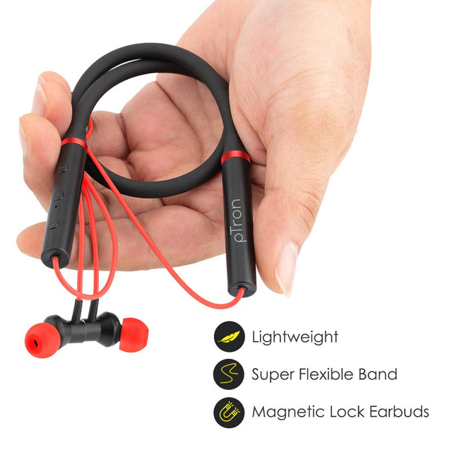 pTron Tangentbeat Magnetic In-Ear Wireless Bluetooth Headphones with Mic - (Black & Red)