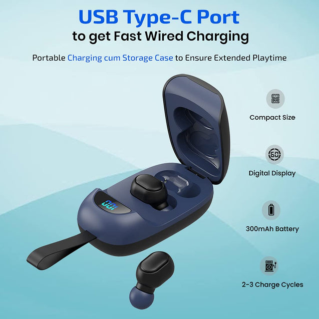 pTron Basspods 381 True Wireless Bluetooth 5.1 Headphones with Deep Bass, 5Hrs Playtime, Voice Assistance, Passive Noise Canceling Sweat-Resistant TWS Earbuds, HD Mic & Digital Case (Black & Blue)