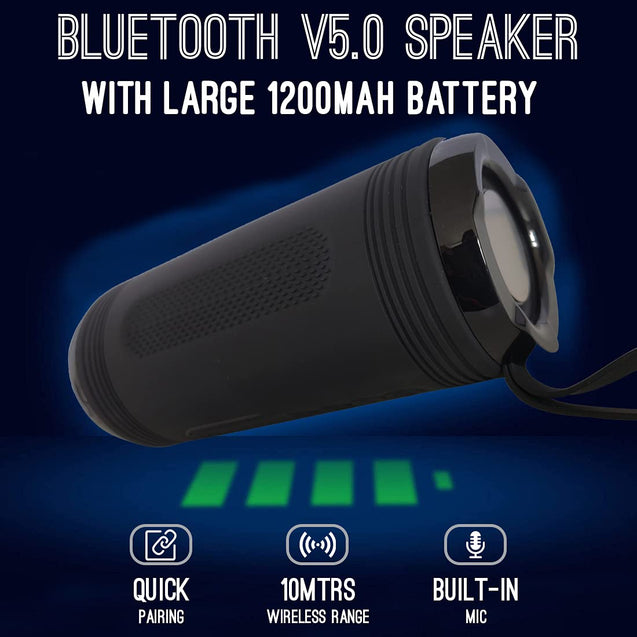 pTron Quinto Evo 8W Wireless Bluetooth 5.0 Speaker with 12Hrs Playtime, Outdoor Speaker with 3.5mm Aux/Micro SD Card/USB Drive Slots, Built-in Mic, Fully Integrated Music & Call Controls (Black)