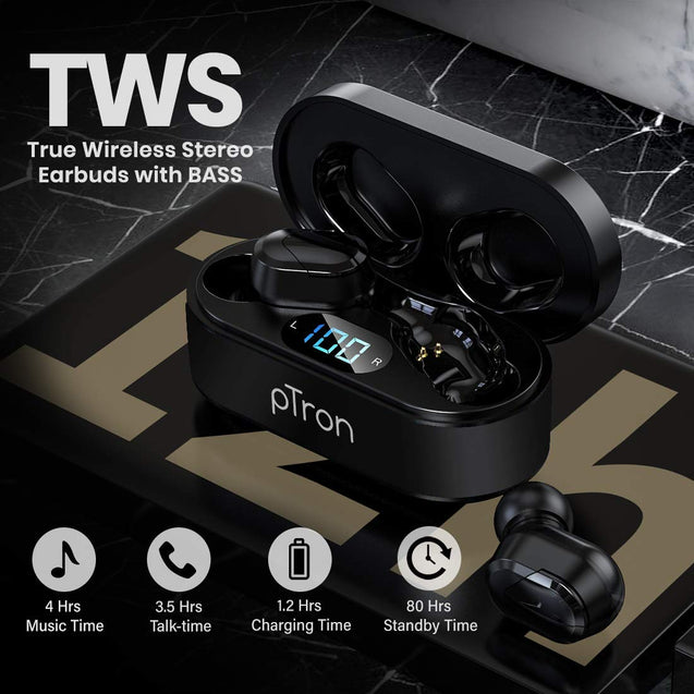 pTron Bassbuds Plus In-Ear True Wireless Bluetooth 5.0 Headphones with Deep Bass, IPX4 Water/Sweat Resistant, Snug-fit Passive Noise Canceling Earbuds, Digital Display Case & Built-in HD Mic - (Black)