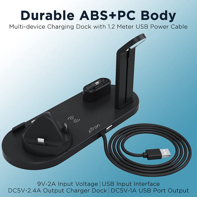 pTron Bullet WX4 3 in 1 Multi-Function Charging Stand for iOS Devices, 10W Qi Wireless Charging, 360° Rotatable Charging Dock for Micro USB/Type-C/iOS Smartphones (Black)