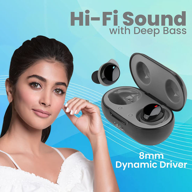pTron Bassbuds Evo Bluetooth 5.0 Wireless Headphones, Deep Bass, Touch Control Wireless TWS Earbuds, Quick Pairing, Dual HD Mic, Passive Noise Cancelling Earphones with Voice Assistance (Black & Grey)