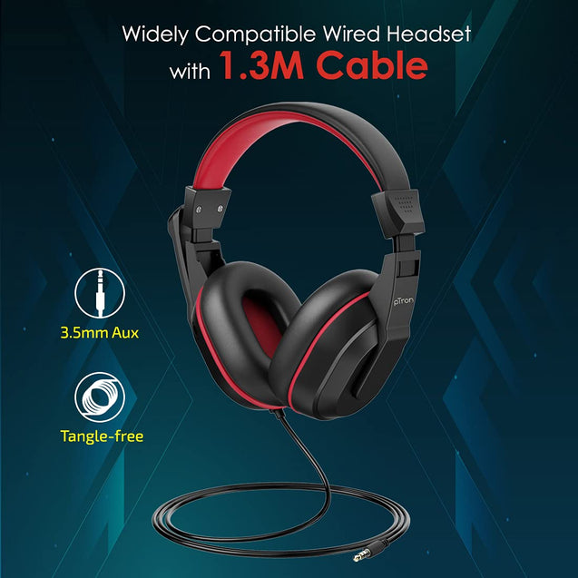 pTron Studio Lite Stereo Sound Wired Over Ear Headphones with Mic, Ergonomic Headset, Adjustable Mic & Integrated Volume Control, 3.5mm Aux Jack & 1.3 Meter Tangle-Free Cord (Black/Red)