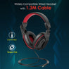 pTron Studio Lite Stereo Sound Wired Over Ear Headphones with Mic, Ergonomic Headset, Adjustable Mic & Integrated Volume Control, 3.5mm Aux Jack & 1.3 Meter Tangle-Free Cord (Black/Red)