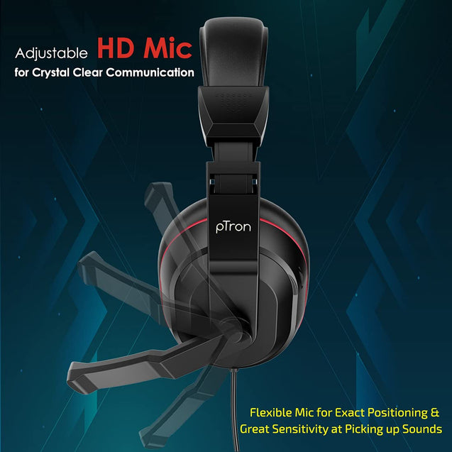 pTron Studio Lite Stereo Sound Wired Over Ear Headphones with Mic, Ergonomic Headset, Adjustable Mic & Integrated Volume Control, 3.5mm Aux Jack & 1.3 Meter Tangle-Free Cord (Black/Red)