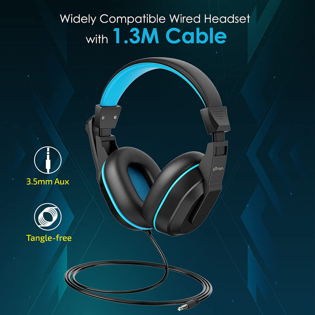 pTron Studio Lite Stereo Sound Wired Over Ear Headphones with Mic, Adjustable Mic & Integrated Volume Control, 3.5mm Aux Jack & 1.3 Meter Tangle-Free Cord (Black & Blue)