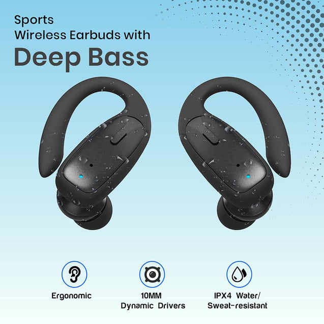 pTron Bassbuds Sports True Wireless Bluetooth 5.1 Headphones with Deep Bass, 32Hrs Total Playtime, Ergonomic Hook Design & IPX4 Water/Sweat Resistant Earphones with Built-in HD Mic (Black)