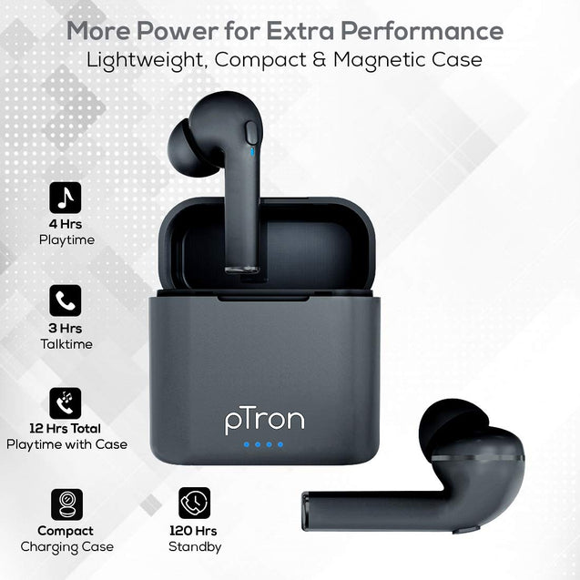 pTron Bassbuds Vista in-Ear True Wireless Bluetooth 5.1 Headphones with Free 5W Wireless Charger, Deep Bass, IPX4 Water/Sweat Resistant,Passive Noise Cancelling Earphones with Built-in HD Mic-(Gray)