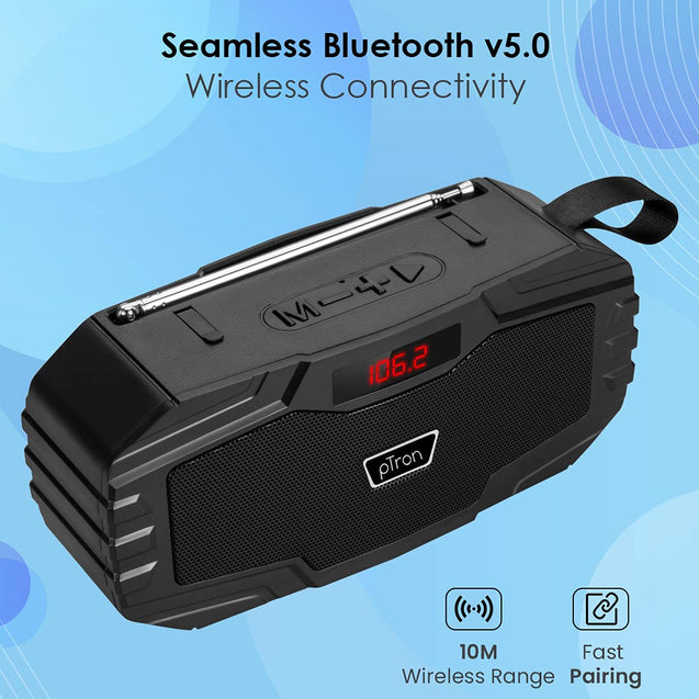 pTron Sonor Lite 5W Wireless Bluetooth 5.0 Speaker with 12Hrs Playtime, Portable Outdoor Speaker with 3.5mm Aux/Micro SD/USB Drive Slots, Built-in Mic, Fully Integrated Music & Call Controls (Black)