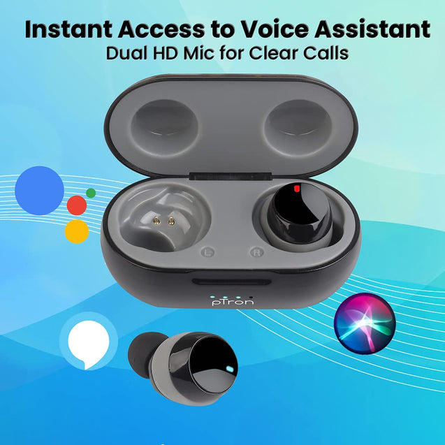 pTron Bassbuds Evo Bluetooth 5.0 Wireless Headphones, Deep Bass, Touch Control Wireless TWS Earbuds, Quick Pairing, Dual HD Mic, Passive Noise Cancelling Earphones with Voice Assistance (Black & Grey)