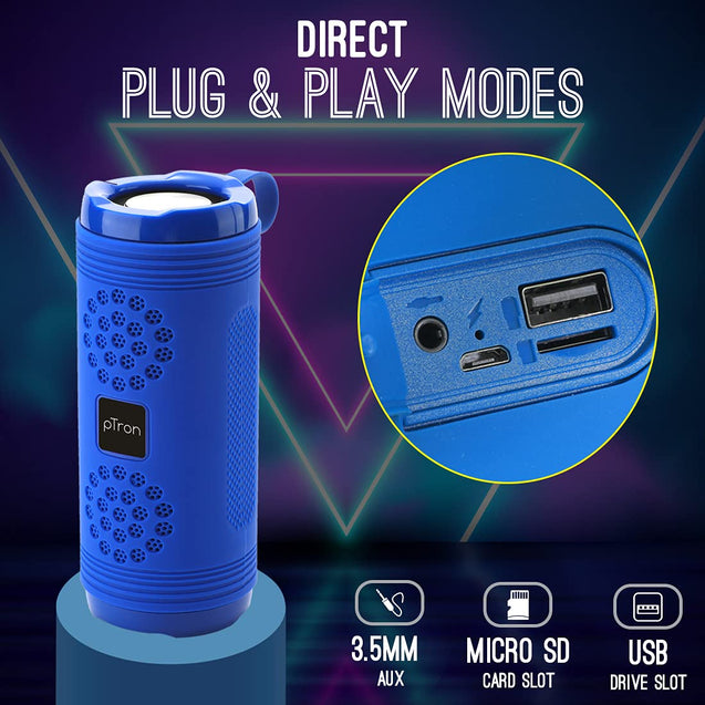 pTron Quinto Evo 8W Wireless Bluetooth 5.0 Speaker with 12Hrs Playtime, Outdoor Speaker with 3.5mm Aux/Micro SD Card/USB Drive Slots, Built-in Mic, Fully Integrated Music & Call Controls (Blue)