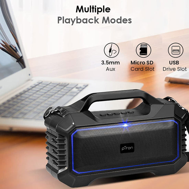 pTron Sonor 12W Wireless Bluetooth 5.0 Party Speaker with 12Hrs Playtime, Punchy Bass, Outdoor Speaker with 3.5mm Aux/Micro SD/USB Drive Slots, Built-in Mic & Integrated Music/Call Controls (Black)