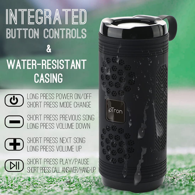 pTron Quinto Evo 8W Wireless Bluetooth 5.0 Speaker with 12Hrs Playtime, Outdoor Speaker with 3.5mm Aux/Micro SD Card/USB Drive Slots, Built-in Mic, Fully Integrated Music & Call Controls (Black)