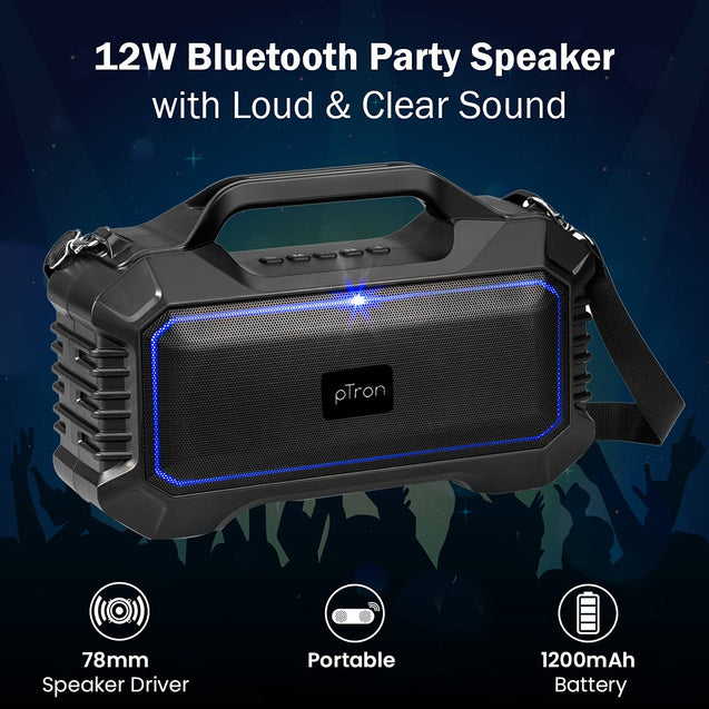 pTron Sonor 12W Wireless Bluetooth 5.0 Party Speaker with 12Hrs Playtime, Punchy Bass, Outdoor Speaker with 3.5mm Aux/Micro SD/USB Drive Slots, Built-in Mic & Integrated Music/Call Controls (Black)