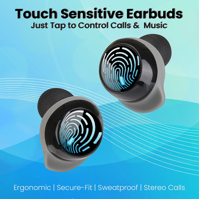 pTron Bassbuds Evo Bluetooth 5.0 Wireless Headphones, Deep Bass, Touch Control Wireless TWS Earbuds, Quick Pairing, Dual HD Mic, Passive Noise Cancelling Earphones with Voice Assistance (Black & Grey)