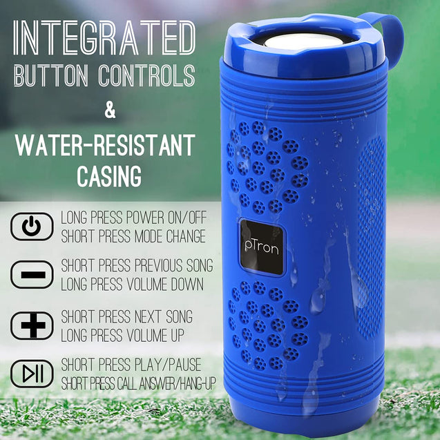 pTron Quinto Evo 8W Wireless Bluetooth 5.0 Speaker with 12Hrs Playtime, Outdoor Speaker with 3.5mm Aux/Micro SD Card/USB Drive Slots, Built-in Mic, Fully Integrated Music & Call Controls (Blue)