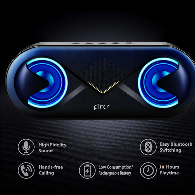 PTron Fusion Bluetooth 5.0 Surround Sound 10W Portable Wireless Speaker with LED Light (Black/Gold)
