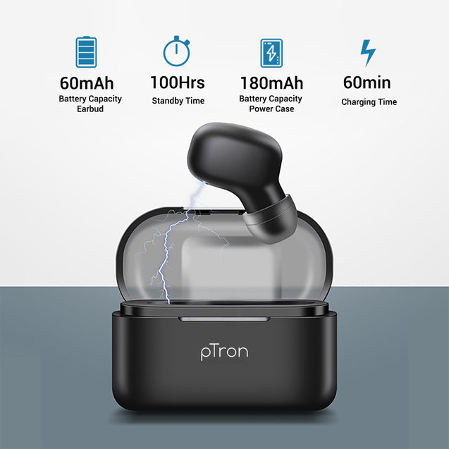 pTron Atom Bluetooth 5.0 Mono Headset with 180mAh Charging Case, Airpod All Smartphones - (Black)