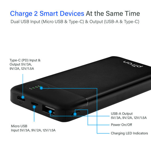pTron Dynamo Pro 10000mAh 18W QC3.0 PD Power Bank, Made in India, Fast Charge, Type-C & Micro USB Input Ports, with 18W Type C Mini Cable for Smartphones & Other Smart Device - (Black)