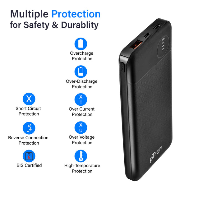 pTron Dynamo Pro 10000mAh 18W QC3.0 PD Power Bank, Made in India, Fast Charge, Type-C & Micro USB Input Ports, with 18W Type C Mini Cable for Smartphones & Other Smart Device - (Black)