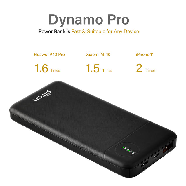 pTron Dynamo Pro 10000mAh 18W QC3.0 PD Power Bank, Made in India, Fast Charge, Type-C & Micro USB Input Ports, with 18W Type C Mini Cable for Smartphones & Other Smart Device - (Black)
