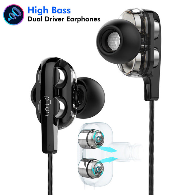 PTron Boom Ultima 4D Deep Bass Stereo Earphones Dual Driver Sports Headset with Mic for All Smartphones