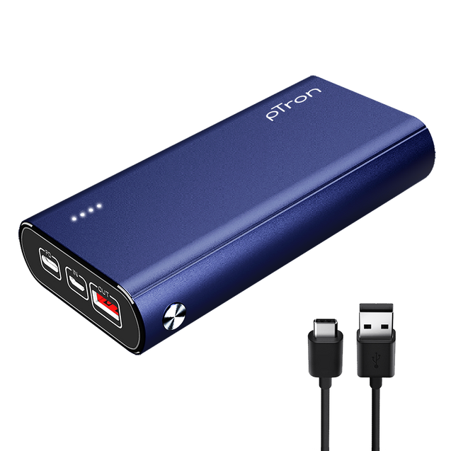 pTron Dynamo Zip 20000mAh Power Bank, 18W Fast Charge Type-C, Sturdy Design, Type-C & Micro USB Input Ports, Safe & Reliable, Li-Polymer Power Bank for Smartphones & Other Smart Device - (Blue)