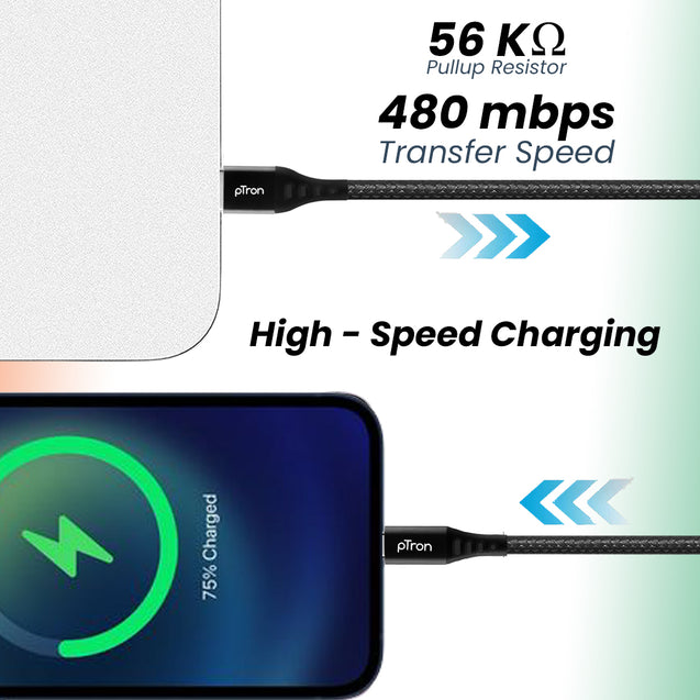 pTron Solero MB301 3A Micro USB Data & Charging Cable, Made in India, 480Mbps Data Sync, Strong & Durable 1.5 m Nylon Braided USB Cable for Micro USB Devices - (Black)