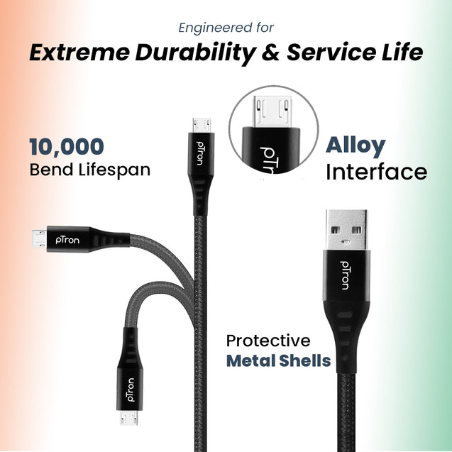 pTron Solero MB301 3A Micro USB Data & Charging Cable, Made in India, 480Mbps Data Sync, Strong & Durable 1.5 m Nylon Braided USB Cable for Micro USB Devices - (Black)