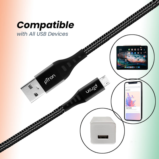 pTron Solero MB301 3A Micro USB Data & Charging Cable, Made in India, 480Mbps Data Sync, Strong & Durable 1.5 m Nylon Braided USB Cable for Micro USB Devices - (Black)