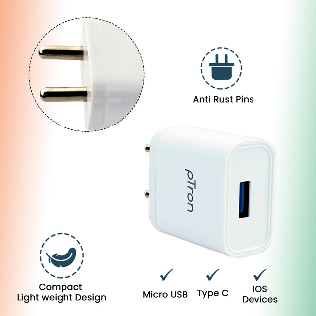 pTron Volta 12W Single USB Smart Charger, Made in India, BIS Certified, Fast Charging Power Adaptor Without Cable for All iOS & Android Devices - (White)