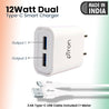 pTron Volta Evo 12W Single USB Smart Charger with 2.4A Type-C USB 1-Meter Cable, Made in India, BIS Certified Fast Charging Power Adaptor - (White)