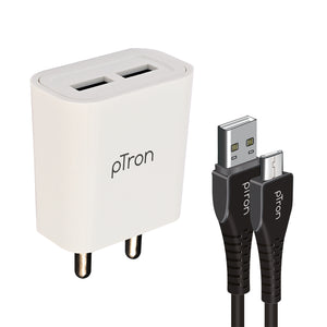 pTron Volta Evo 12W Single USB Smart Charger with 2.4A Micro USB 1-Meter Cable, Made in India, BIS Certified Fast Charging Power Adaptor - (White)