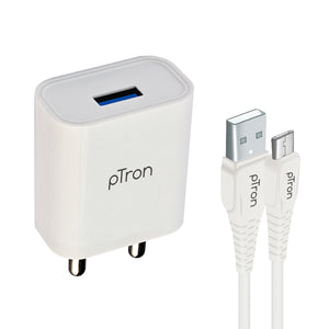 pTron Volta 12W Single USB Smart Charger with 2.4A Micro USB 1-Meter Cable, Made in India, BIS Certified Fast Charging Power Adaptor - (White)