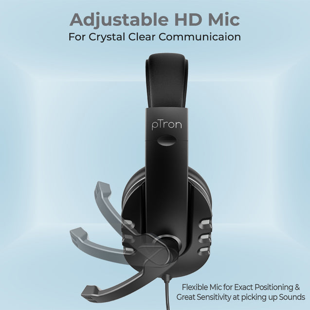 pTron Soundster Arcade Over-Ear Wired Headphones, Ergonomic Headset with Mic, Adjustable Boom Mic & in-line Volume Control Wheel, Universal 3.5mm Aux & 1.3 Meter Long Tangle-Free Cable (Black)