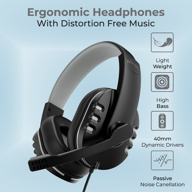 pTron Soundster Arcade Over-Ear Wired Headphones, Ergonomic Headset with Mic, Adjustable Boom Mic & in-line Volume Control Wheel, Universal 3.5mm Aux & 1.3 Meter Long Tangle-Free Cable (Black)