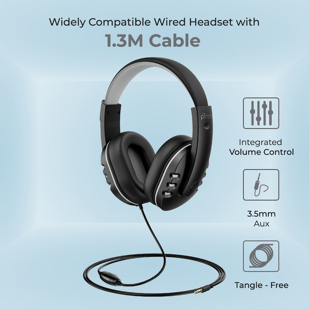 pTron Soundster Arcade Over-Ear Wired Headphones, Ergonomic Headset with Mic, Adjustable Boom Mic & in-line Volume Control Wheel, Universal 3.5mm Aux & 1.3 Meter Long Tangle-Free Cable (Black)