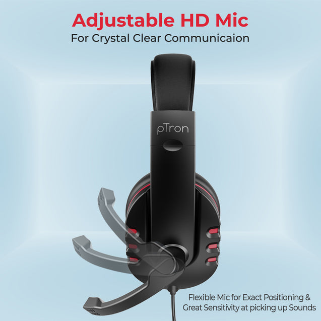 pTron Soundster Arcade Over-Ear Wired Headphones, Ergonomic Headset with Mic, Adjustable Boom Mic & in-line Volume Control Wheel, Universal 3.5mm Aux & 1.3 Meter Long Tangle-Free Cable (Black & Red)