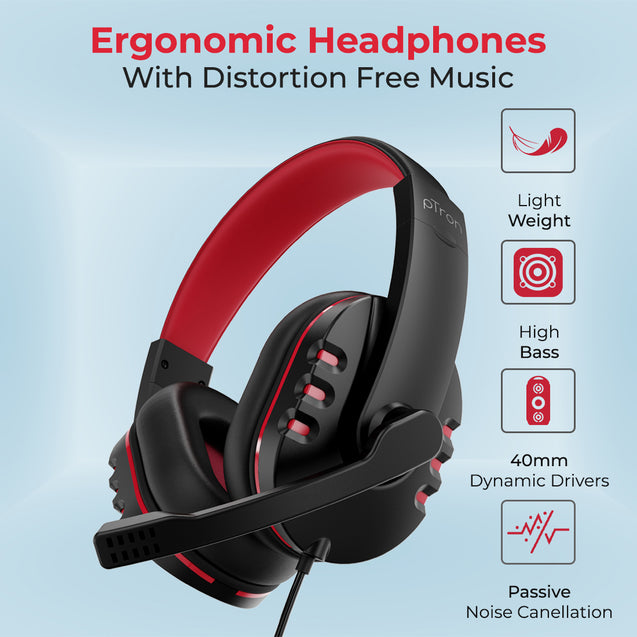 pTron Soundster Arcade Over-Ear Wired Headphones, Ergonomic Headset with Mic, Adjustable Boom Mic & in-line Volume Control Wheel, Universal 3.5mm Aux & 1.3 Meter Long Tangle-Free Cable (Black & Red)