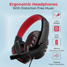 pTron Soundster Arcade Over-Ear Wired Headphones, Ergonomic Headset with Mic, Adjustable Boom Mic & in-line Volume Control Wheel, Universal 3.5mm Aux & 1.3 Meter Long Tangle-Free Cable (Black & Red)