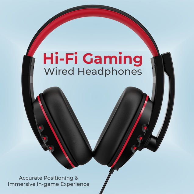 pTron Soundster Arcade Over-Ear Wired Headphones, Ergonomic Headset with Mic, Adjustable Boom Mic & in-line Volume Control Wheel, Universal 3.5mm Aux & 1.3 Meter Long Tangle-Free Cable (Black & Red)