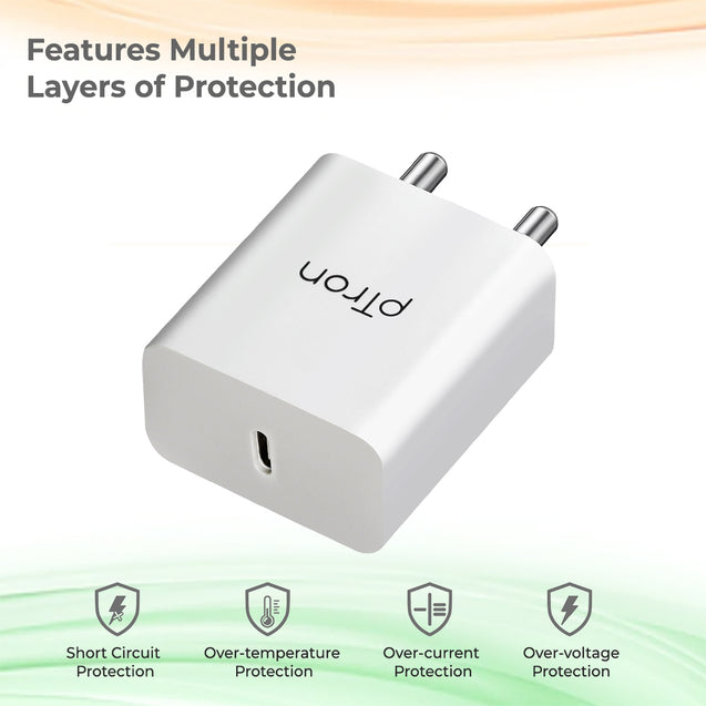 pTron Volta FC14 20W Type-C PD Fast Charger Adapter, Auto-detect Technology, Multi-Layer Protection, iPhone & Android Compatibility, Made in India Power Adaptor Without Cable (White)
