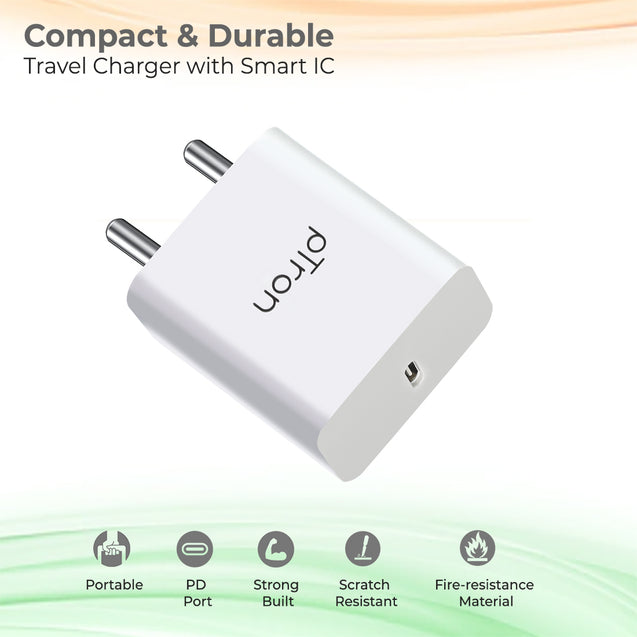 pTron Volta FC14 20W Type-C PD Fast Charger Adapter, Auto-detect Technology, Multi-Layer Protection, iPhone & Android Compatibility, Made in India Power Adaptor Without Cable (White)