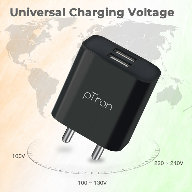 pTron Volta Dual Port 12W Smart USB Charger Adapter, Multi-Layer Protection, Made in India, BIS Certified, Fast Charging Power Adaptor Without Cable for All iOS & Android Devices (Black)