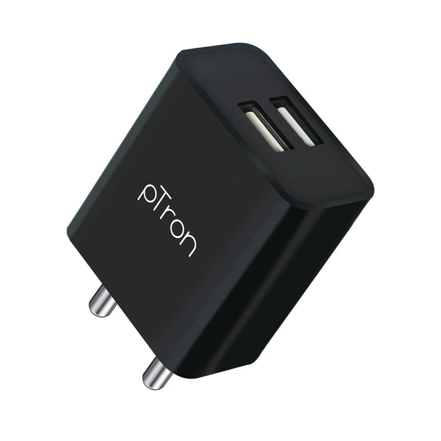 pTron Volta Dual Port 12W Smart USB Charger Adapter, Multi-Layer Protection, Made in India, BIS Certified, Fast Charging Power Adaptor Without Cable for All iOS & Android Devices (Black)