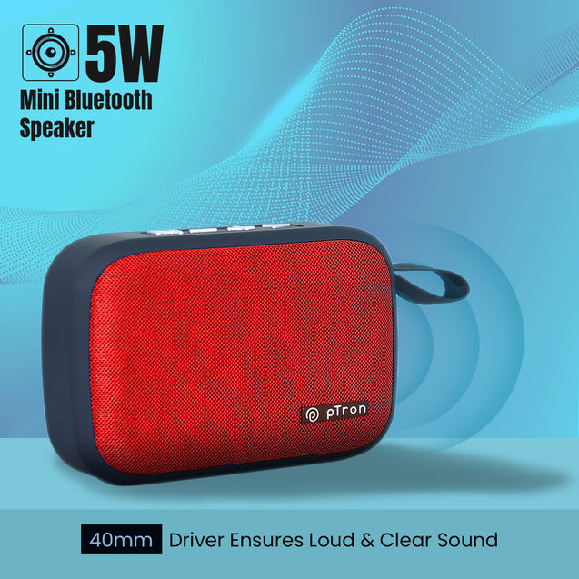 pTron Musicbot Lite 5W Mini Bluetooth Speaker with 6Hrs Playtime, Immersive Sound, 40mm Driver, Bluetooth v5.1 with Strong Connectivity, Portable Design, Integrated Music & Call Control (Red)