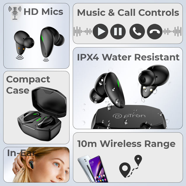 pTron Bassbuds B21 TWS Earbuds with Bluetooth 5.2, Immersive Sound, Stereo Calls, 24Hrs Playtime, In-Ear Wireless Headphones, Lightweight, Touch Control, Voice Assistance & IPX4 (Black)