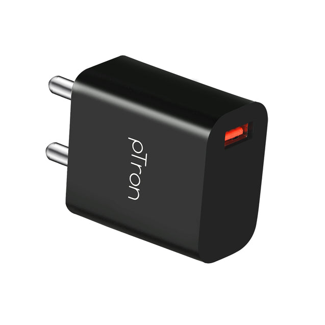 pTron Volta FC12 20W QC3.0 Smart USB Charger with 1m iOS USB Cable, Made in India, Auto-detect Technology, Multi-Layer Protection Travel Adapter, Fast Charging Power Adaptor for iOS Devices (Black)