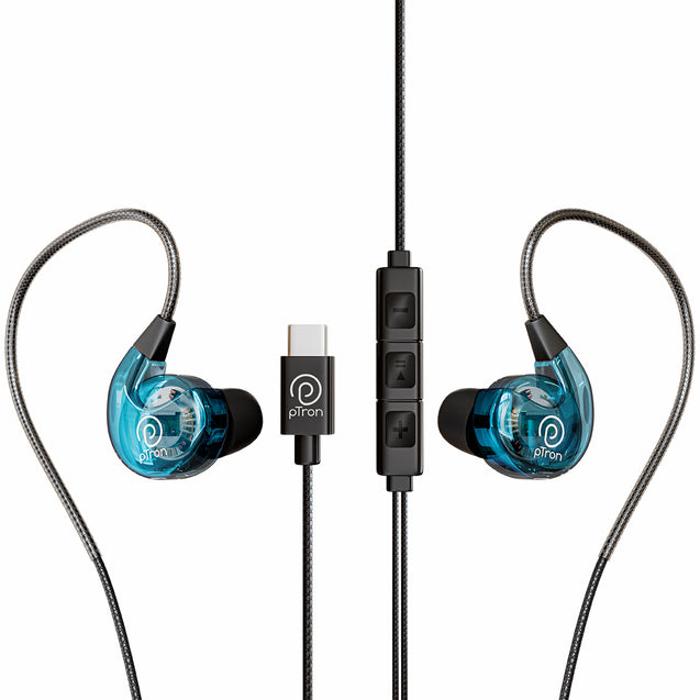 pTron Boom Play X2 In-Ear Type C Wired Headphones with Mic, Ear-Hook Design, 13mm Drivers for Immersive Audio, 1.2m Fish Scale Style Tangle-free Cable, In-line Controls & Wide Compatibility (Blue)